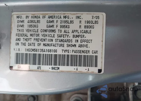 2005 Honda Accord 2.4 Dx from USA, damaged, VIN 1HGCM56135A168166